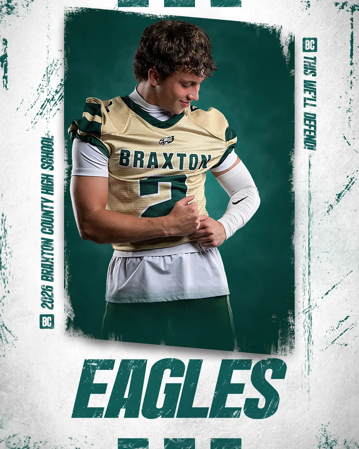 Football player portrait in a green and white banner design