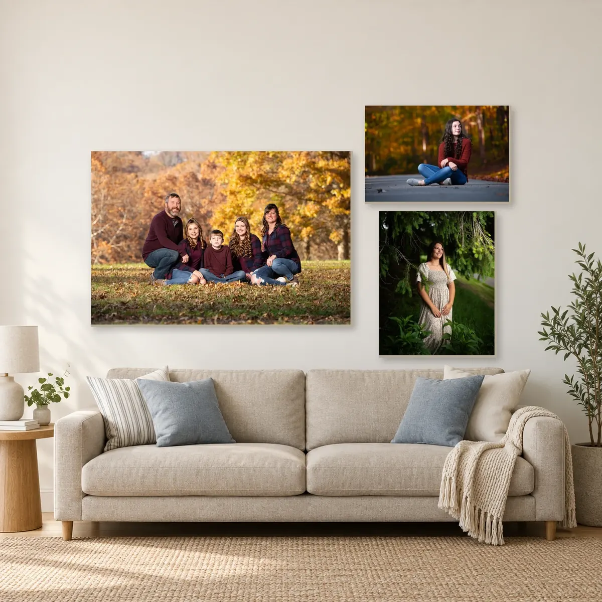 Room visualization showing family and senior photographs as canvas wall art above a neutral sofa